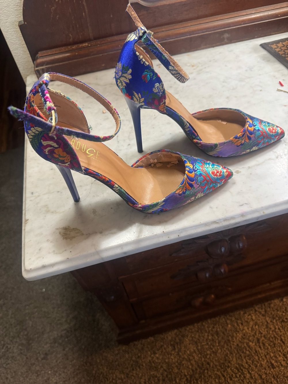Women’s Blue Floral Ankle-Strap Pointed-Toe Heels